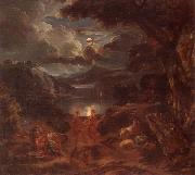 unknow artist A pastoral scene with shepherds and nymphs dancing in the moonlight by the edge of a lake Spain oil painting artist